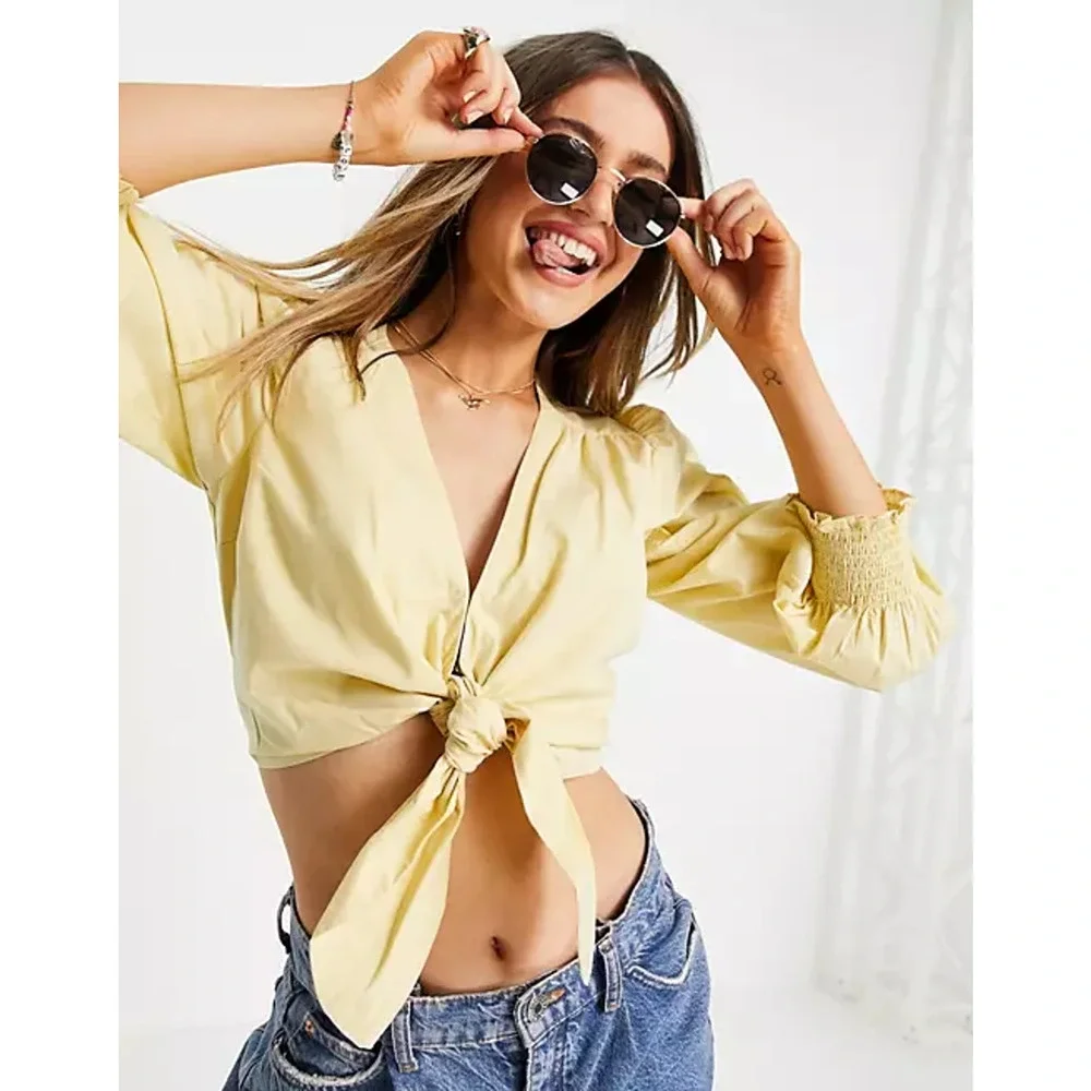 NWT Abercrombie & Fitch Poplin Tie Front Crop Top Yellow Puff Sleeve Size S